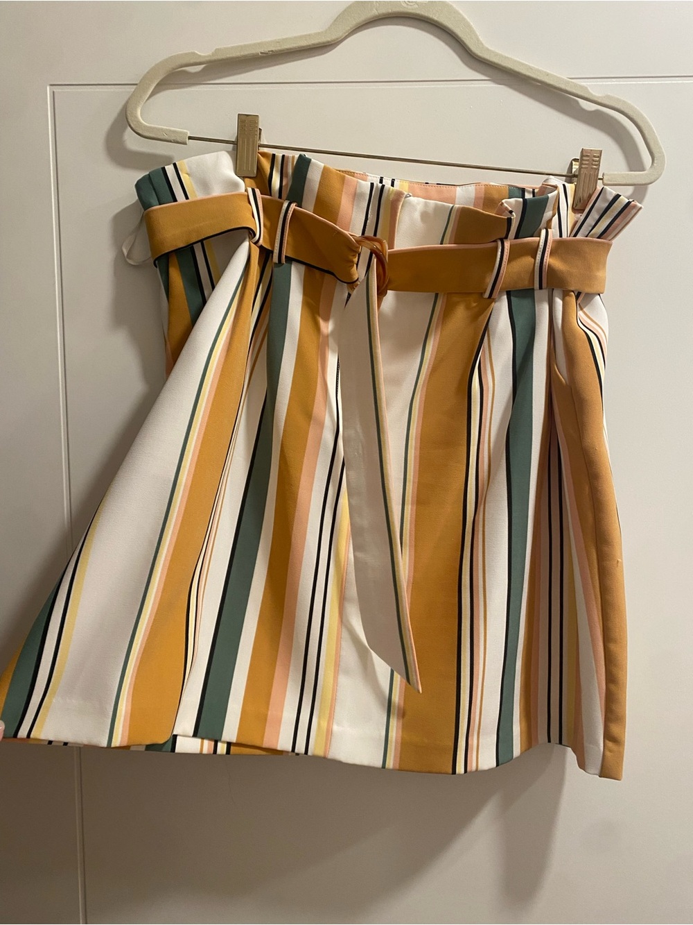 Miss Selfridge Mustard, Green & White Striped Paperbag Mini Skirt
